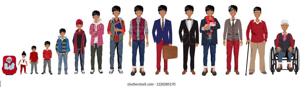 Male stages of growth in Christmas outfits. Including baby,  child,  teenager,  adult, college student, business man, casual man, groom,  dad with baby, an elderly man, grandfather in wheelchair.