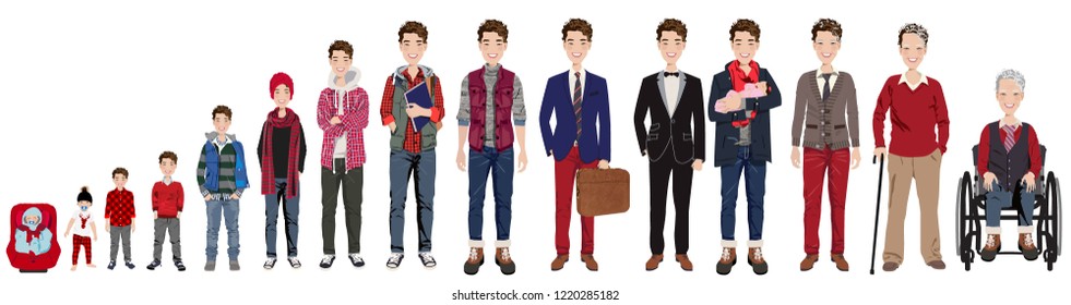 Male stages of growth in Christmas outfits. Including baby,  child,  teenager,  adult, college student, business man, casual man, groom,  dad with baby, an elderly man, grandfather in wheelchair.