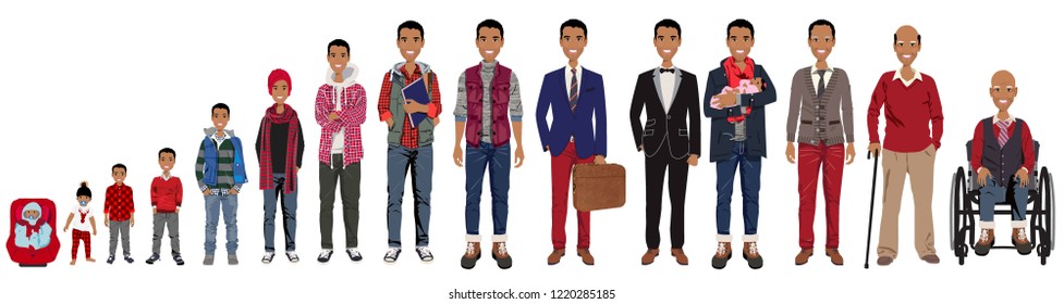 Male Stages Of Growth In Christmas Outfits. Including Baby,  Child,  Teenager,  Adult, College Student, Business Man, Casual Man, Groom,  Dad With Baby, An Elderly Man, Grandfather In Wheelchair.