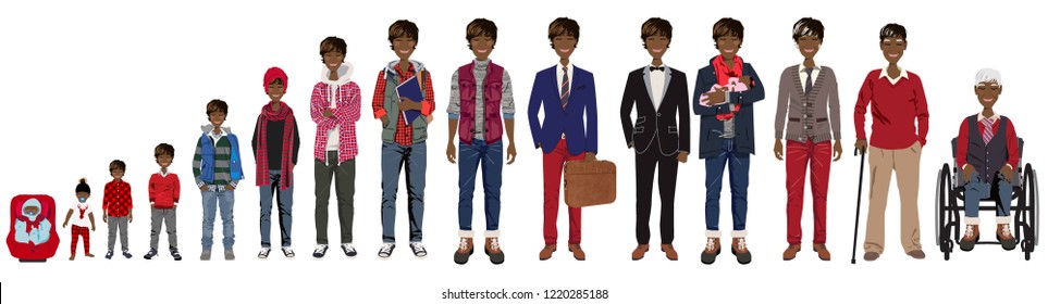 Male Stages Of Growth In Christmas Outfits. Including Baby,  Child,  Teenager,  Adult, College Student, Business Man, Casual Man, Groom,  Dad With Baby, An Elderly Man, Grandfather In Wheelchair.