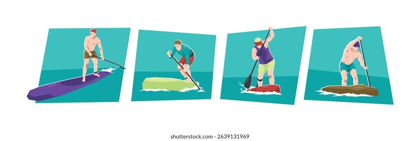 Male stand up paddle boarding athlete character illustration set. SUP, water sport, race. Flat vector cartoon style.