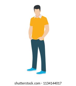 
Male standing in cool outfit and hands in pants pockets 
