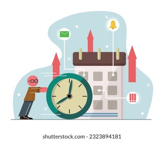 Male standing near big clock. Cartoon character organizing and managing time, doing different tasks. Process of managing schedule. Vector flat illustration in blue colors