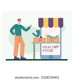 Male standing near big smartphone, buying vegetables in online store. Choose of healthy food. Order vegetables, fruits via modern gadget online. Flat vector illustration in cartoon style