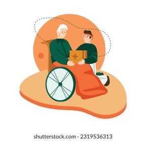 Male standing near man on wheelchair and giving box with medicine. Help older people with disabilities concept. Donation and charity. Vector flat illustration in green and orange colors