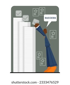 Male standing near office papers and finishing work stuff. Handsome employee move up career ladder and achieve goals by successfully completing tasks. Flat vector illustration in cartoon style