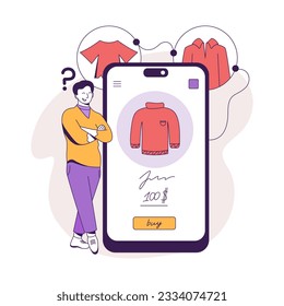 Male standing near smartphone, thinking of buying clothes online. Internet shopping concept. Selection, order and online delivery. Flat vector illustration in purple colors