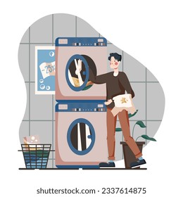 Male standing near washing machine and put dirty clothes. Young students doing laundry. Concept of duties, chores and housekeeping. Vector flat illustration in blue colors in cartoon style