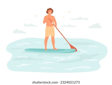 Hombre de pie en la tabla de sup en el agua. Hombre feliz sosteniendo el aire y nadando en el mar. Carácter aislado, actividades de verano. Ilustración vectorial.