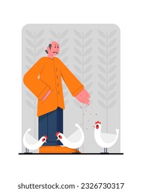 Male standing outside and feed chickens. Concept of housekeeping and retirement. Work in garden and animal care. Happy old age. Flat vector illustration in cartoon style