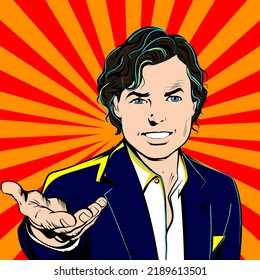 Male is standing and shows outstretched hand with open palm. What do you want concept. Vector illustration in Comic Book Pop Art retro