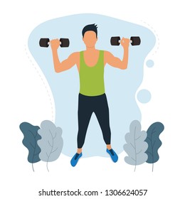 Male standing training with dumbbells. Hand Strength Exercises. Fitness Training. Modern flat vector illustration.