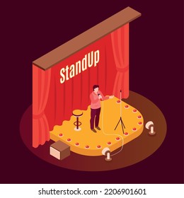 Male Standup Comedian Performing On Stage With Microphone 3d Isometric Vector Illustration