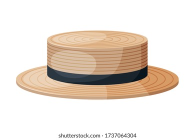 Male Straw Hat with Black Ribbon, Retro Headdress, Sun Protection Headwear Flat Vector Illustration