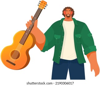 Male street handsome guitarist character playing acoustic guitar . Live performance cartoon style. Young stylish man holds musical instrument in hand stands isolated on white bearded musician