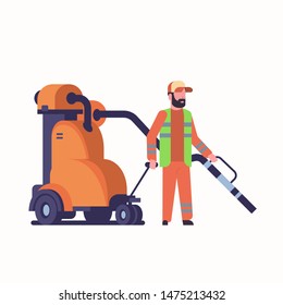 Male Street Janitor Using Industrial Vacuum Cleaner Man In Uniform Vacuuming Garbage Streets Cleaning Service Concept Full Length Flat White Background