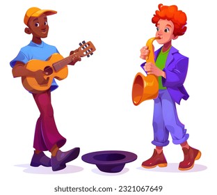 Músicos callejeros masculinos tocando guitarra y saxofón aislados de fondo blanco. Dibujo vectorial de dos jóvenes talentosos cantando canciones para recaudar dinero en el sombrero, disfrutando de hobby creativo