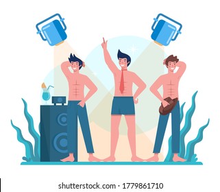 Concepto de stripper masculino. Hombre bailando en el club, bailando y posando a stripper para la gente. Ilustración vectorial aislada