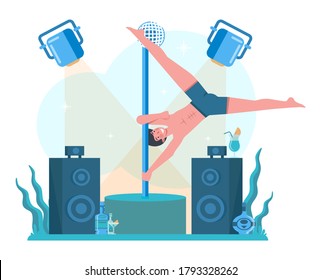 Concepto de stripper masculino. Hombre bailando en el club, bailando y posando a stripper para la gente. Ilustración vectorial aislada