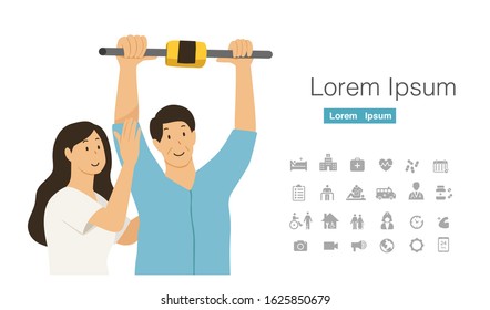 male stroke patient doing arm exercise with occupational therapist cartoon character design with icon set