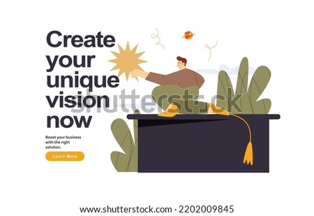 Male student achieve goal. Getting a degree, personal goals, self-improvement. Education success. Reach for stars concept. Career development and growth, find scholarship vector illustration. 