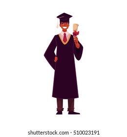 Male student African wearing traditional graduation gown and cap and holding diploma, cartoon style illustration isolated on background. Young man in academic dress graduating from University