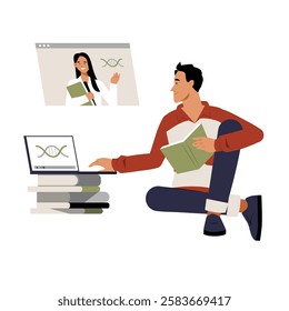 Male Student Attending Online Biology Class, Holding Book, Sitting With Laptop, Flat Vector Illustration About E Learning, Distance Education, Digital Study, Isolated On White Background