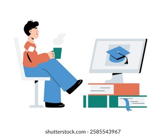 Male Student Attending Online Education With Coffee In Flat Vector Illustration Symbolizing E Learning, Virtual Learning, And Digital Education, Isolated On White Background