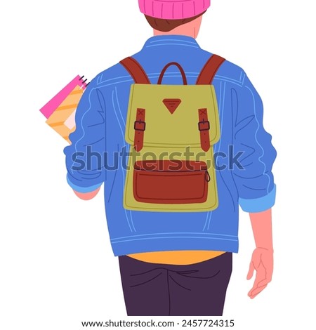 Male student with backpack. Guy wearing school bag, male student carrying backpack back view flat vector illustration. Young man with backpack view from back