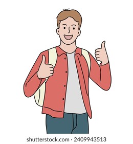 Male student with backpack showing thumbs up or like sign. Study, education and academic concept. Hand drawn vector illustration