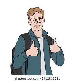 Male student with backpack showing thumbs up or like sign. Study, education and academic concept. Hand drawn vector illustration