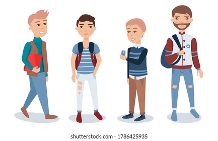 Male Student with Backpack Standing and Walking Vector Illustration Set