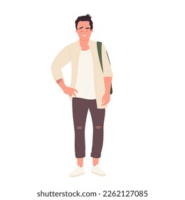 Estudiante masculino con la cara parpadeante. Adolescente genial de pie, alumno escolar postiendo ilustración vectorial