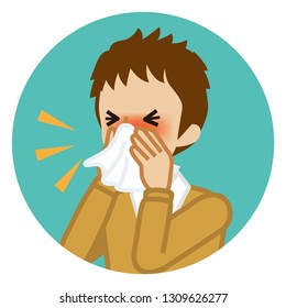 Male student blowing nose with a tissue - Circular icon