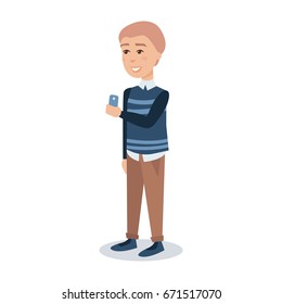 Male student in a blue pullover standing with a mobile phone in his hands cartoon character vector Illustration