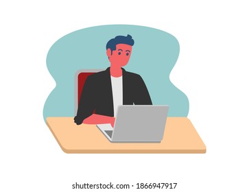 Male student browsing using laptop. Simple flat illustration