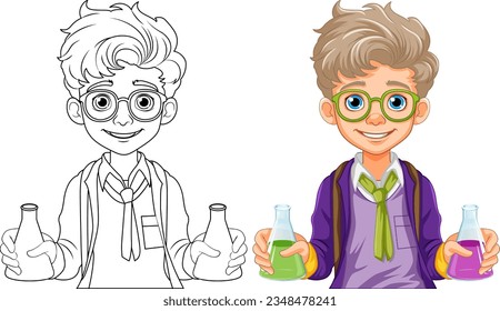 Male student cartoon holding conical flask on science class experiment illustration