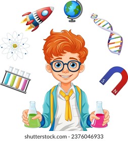 Male student cartoon holding conical flask on science class experiment illustration