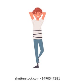 Male Student in Casual Clothes Standing with Hands Behind His Head Vector Illustration