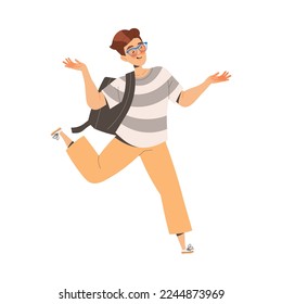 Male Student Character in Glasses with Backpack Running Hurry for Class Vector Illustration