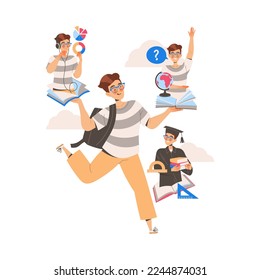 Male Student Character Learning Multitasking Switching Between Different Activities Vector Illustration