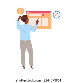 Aprender a rasgar la cabeza de los alumnos masculinos busca algo en la ilustración del vector del navegador
