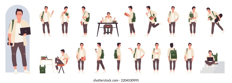 Male student character poses, animation set vector illustration. Cartoon school boy teenager sitting at table with laptop and phone to study, read books, do exam or homework isolated on white