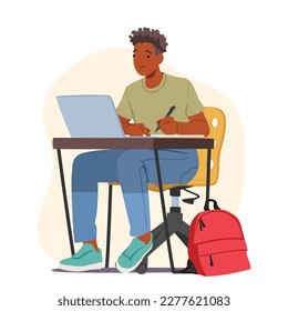 Male Student Character Sitting at Desk With Laptop Writing in Notebook at Comfortable Study Space in Classroom. Boy Learn Educational Materials or Resources Online. Cartoon People Vector Illustration