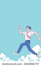 A male student cheerfully jumps into the summer sky