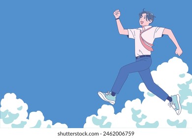 A male student cheerfully jumps into the summer sky