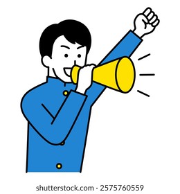 Male student cheering with a megaphone