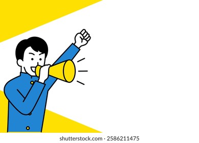 Male student cheering with a megaphone and copy space