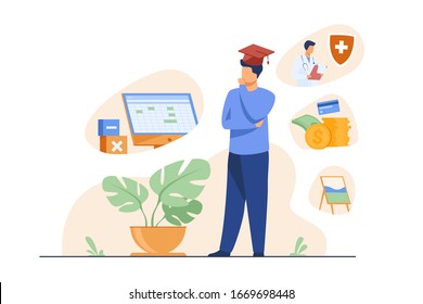 Male student choosing program in college. Young man in graduation cap thinking over future occupation. Vector illustration for opportunities, career advisor, choice concept