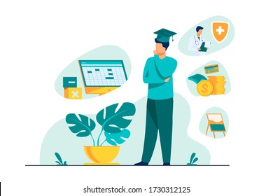 Male student choosing program in college. Young man in graduation cap thinking over future occupation. Vector illustration for opportunities, career advisor, choice concept